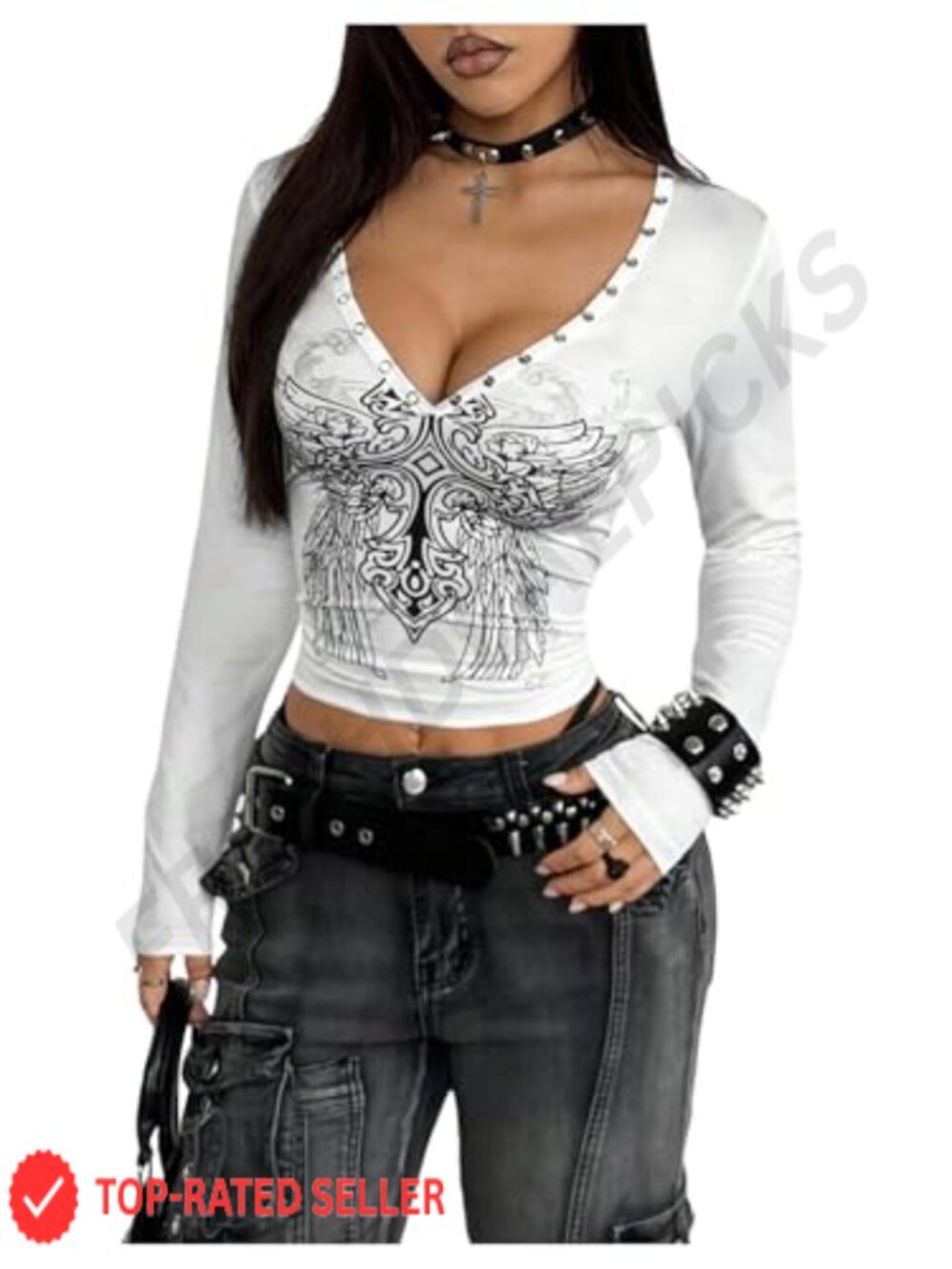 Gothic Punk Graphic V Neck Long Sleeve Crop Top Streetwear Tee